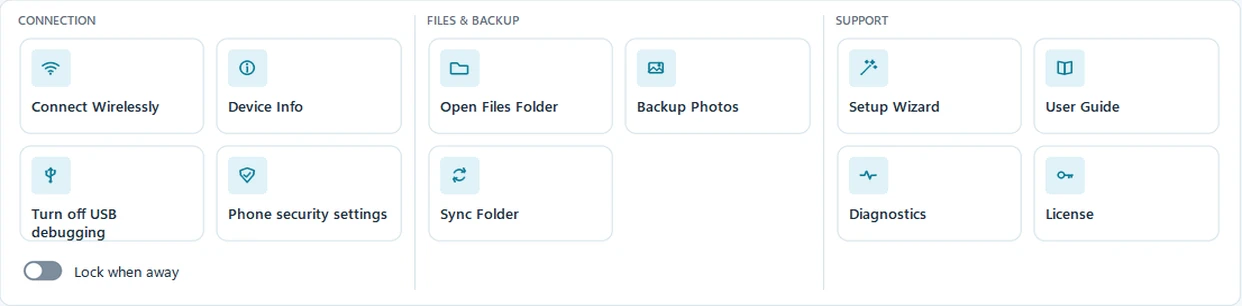 The TOOLS tab of Mobile2PC, real screenshot: buttons for wireless connection, device info, setup wizard, photo backup and folder sync